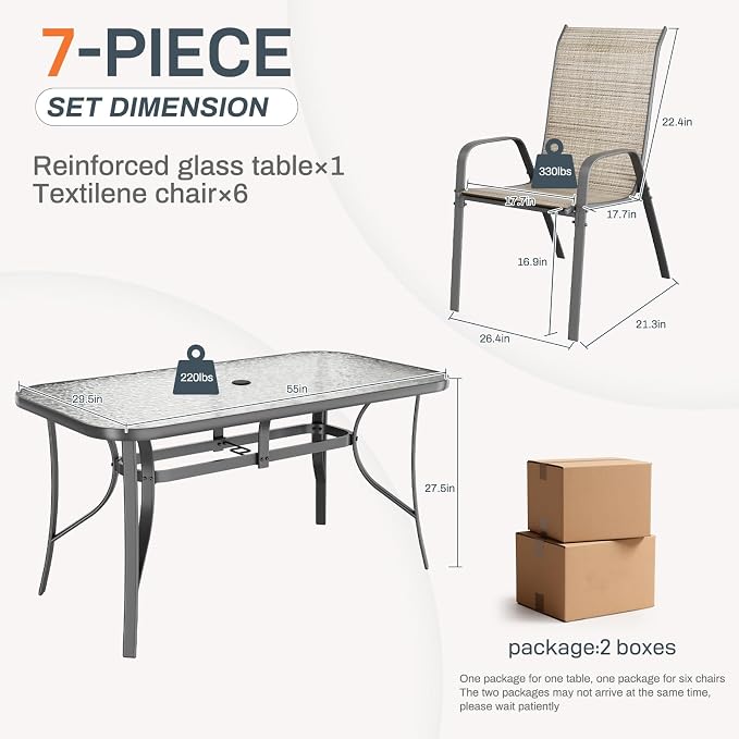 TLSUNNY 7 Pieces Patio Dining Set, Outdoor Table and Chairs W/1.69″ Umbrella - Image 2