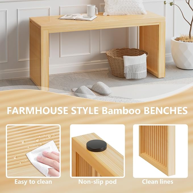 Bamboo Dining Bench Indoor Long Entryway Shoe Rack Benchs, Outdoor Modern Wood - Image 6