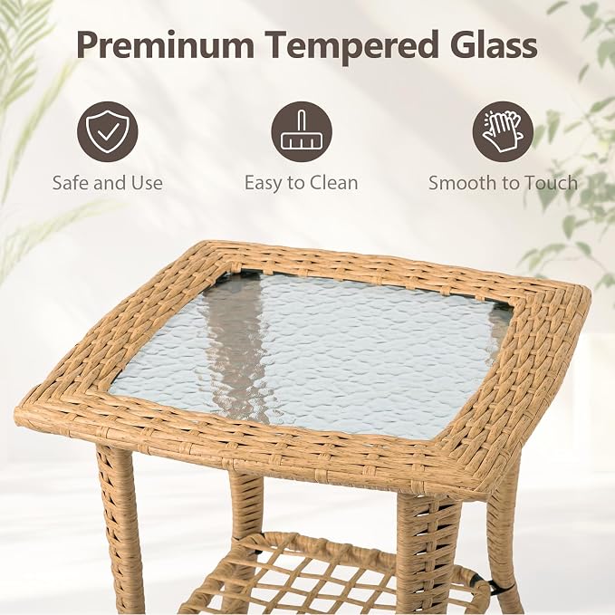 Outdoor Side Table with Storage Wicker Patio Side Table, Tempered Glass Top End - Image 7