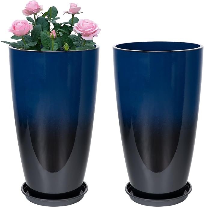 Set of 2 Lightweight Ceramic-Look Tall Planter, 21 inch Large Plastic Planter by Neoaider