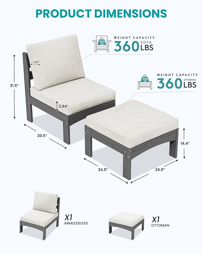 SERWALL 2 Pieces Patio Sofas, HDPE Outdoor Conversation Set - Image 2
