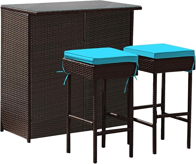HAPPYGRILL 3-Pieces Patio Bar Set Rattan Wicker Bar Stools & Table by HAPPYGRILL