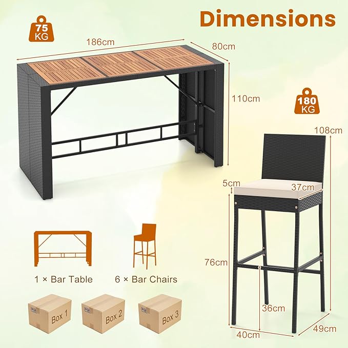 COSTWAY 7 PCS Patio Rattan Wicker Bar Set, Footrest and Cushion, Outdoor Table - Image 9
