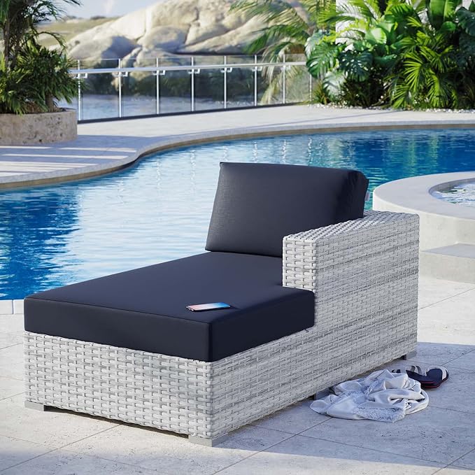 Modway Convene Wicker Rattan Outdoor Patio Right-Arm Chaise in Light Gray Navy by Modway