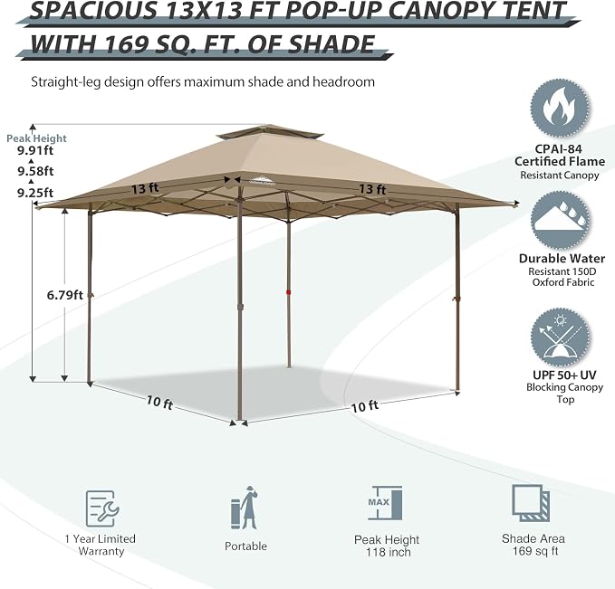 EAGLE PEAK 13x13 Straight Leg Pop Up Canopy Tent Instant Outdoor Canopy Easy - Image 3
