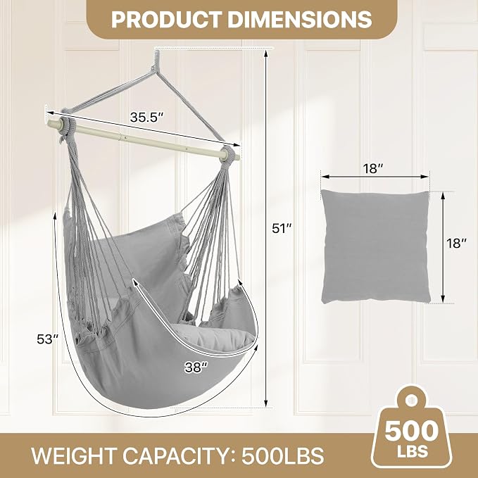 MoNiBloom Hammock Chair Hanging Rope Swing w/2 Cushions, Boho Macrame Hanging - Image 2