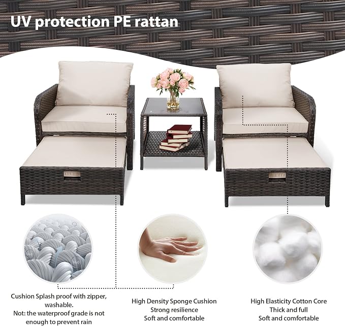 LEVELEVE Balcony Furniture 5 Piece Patio Conversation Set, PE Wicker Rattan - Image 7