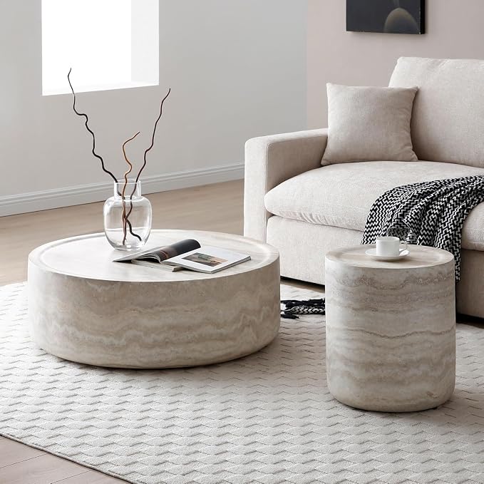 Round Coffee Table Set of 2 for Living Room Modern Drum Center Table Circle - Image 4