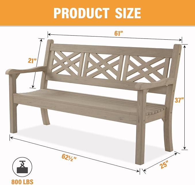 Psilvam 63''W All-Weather Poly Lumber Outdoor Bench – Teak Color, 3-Person - Image 3