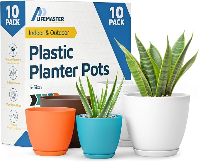 Multicolor Plant Pots with Drainage Holes & Saucers 10 Pack, Indoor & Outdoor by LIFEMASTER