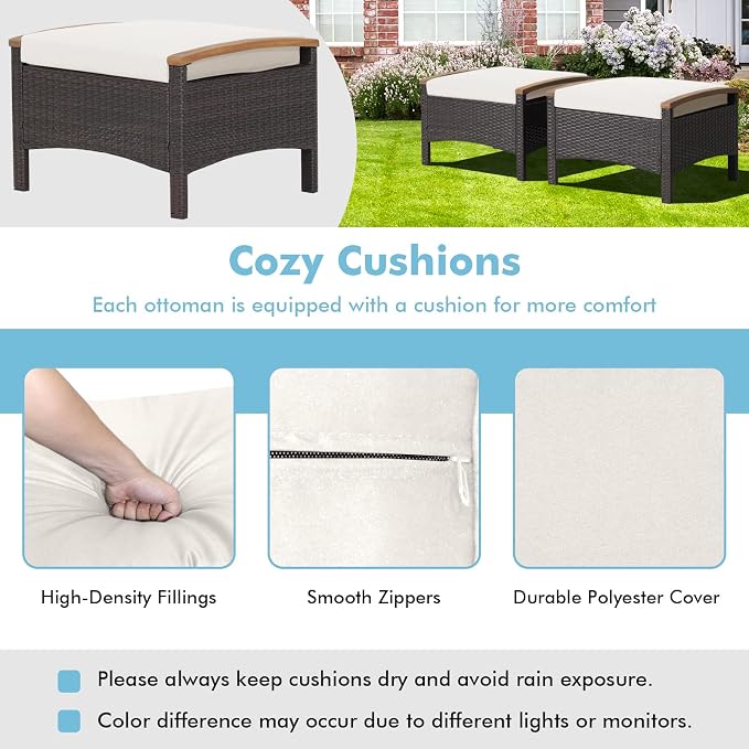 ORALNER Outdoor Ottoman, All-Weather Wicker Foot Stools w/Removable Cushions - Image 3