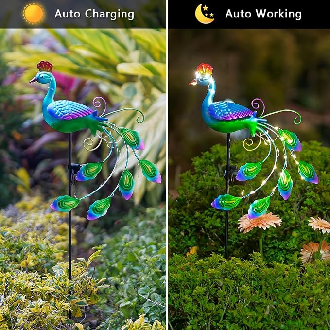 DREAMSOUL 2 Pack Metal Peacock Solar Lights Outdoor Waterproof LED Solar Lights - Image 3