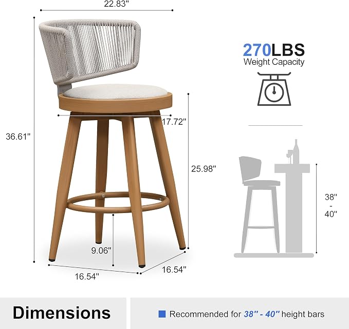 PURPLE LEAF Outdoor Counter Height Bar Stools Set of 2 26 Inch Patio Swivel Bar - Image 2