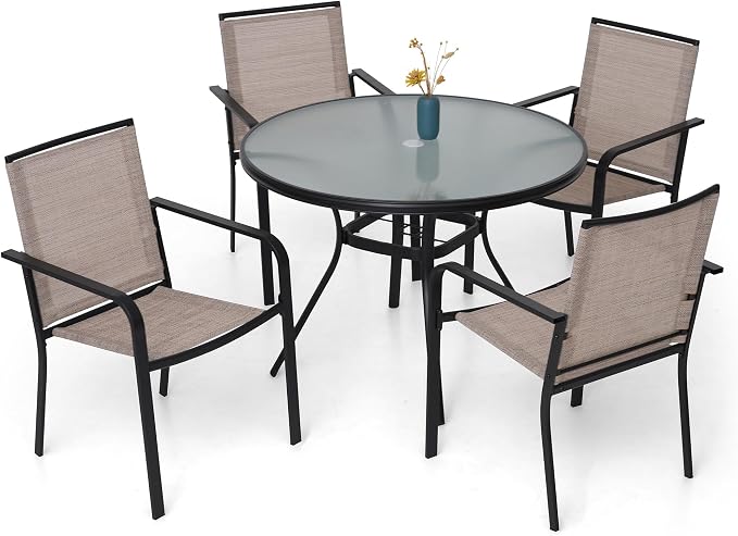 5-Piece Outdoor Patio Dining Set, 40-Inch Round Glass Table by Anmutig
