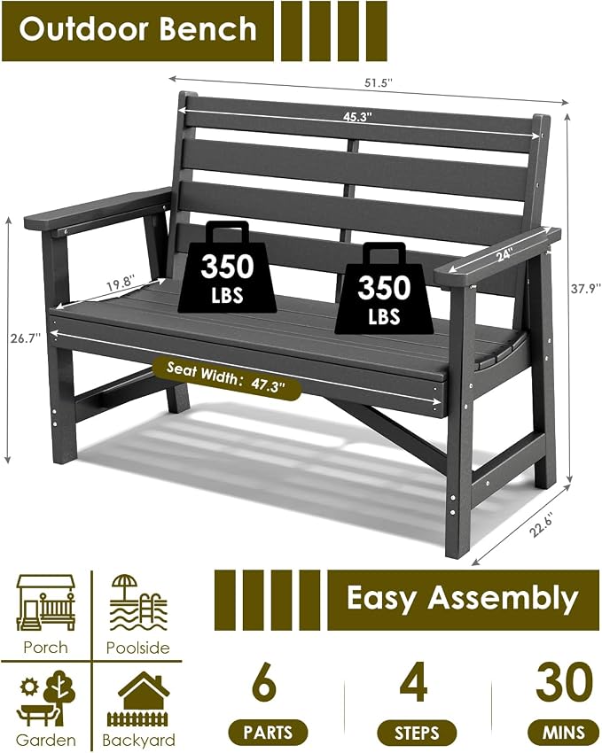 GREENVINES Outdoor Bench | 51.5’’ | HDPE | Garden Benches | Weatherproof | - Image 3