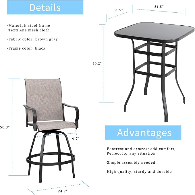 Shintenchi 3 Piece Patio Swivel Bar Stools Set, Outdoor Patio Bar Table and - Image 5