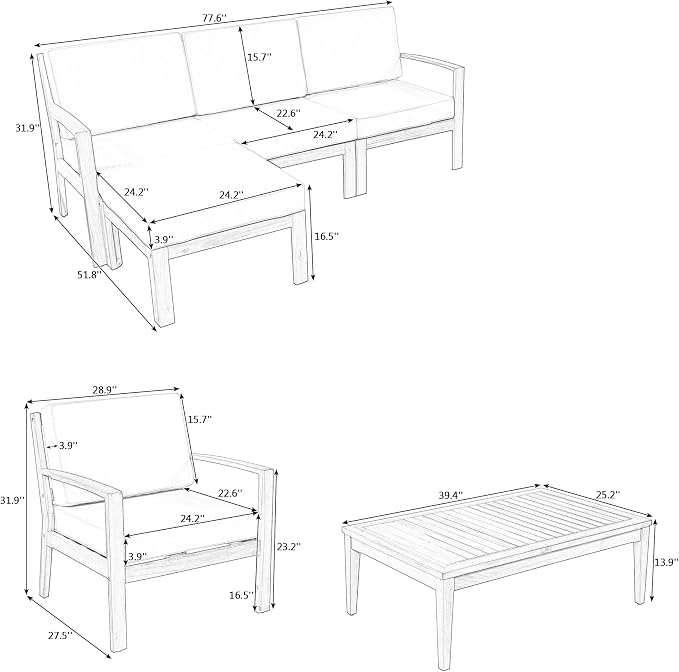 6-Piece Outdoor Patio Conversation Furniture Set, Acacia Wood Sectional Sofa Set - Image 3