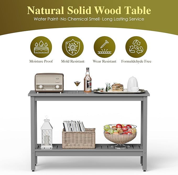 SUPER DEAL 48 inch Outdoor Console Table, 2-Tier Solid Wood Side Table - Image 5