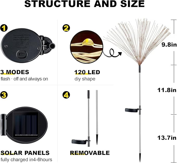 YOTOZU 4 PCS Solar Firework Light, Outdoor Solar Garden Decorative Lights 120 - Image 2