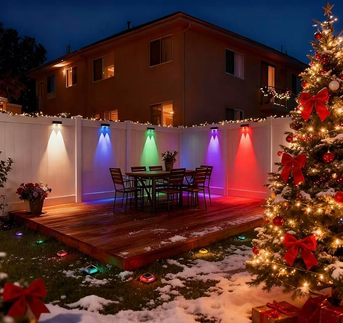 Fence Lights Solar Powered 2 Pack, RGB Fence Solar Lights Outdoor Waterproof Led - Image 2