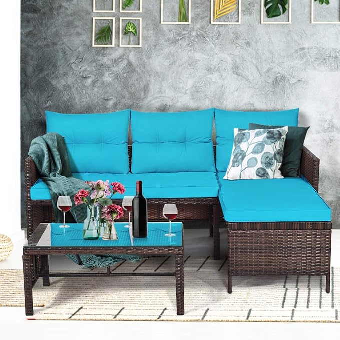 Tangkula Patio Corner Sofa Set 3 Piece, Outdoor Rattan Sofa Set, Includes - Image 4