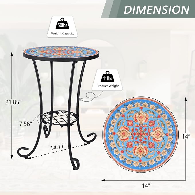 VCUTEKA Outdoor Side Table Mosaic Patio Table Accent Tables Mosaic Tile Top - Image 3