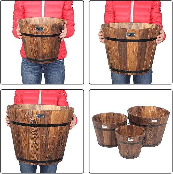 VINGLI 3 PCS Large Wooden Planter Barrel Set, 11.5"- 18" Real Wood - Image 3