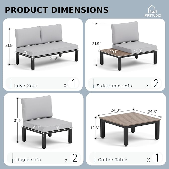 MFSTUDIO 6 Pieces Patio Furniture Set, Metal Outdoor Sectional Sofa Modular - Image 9