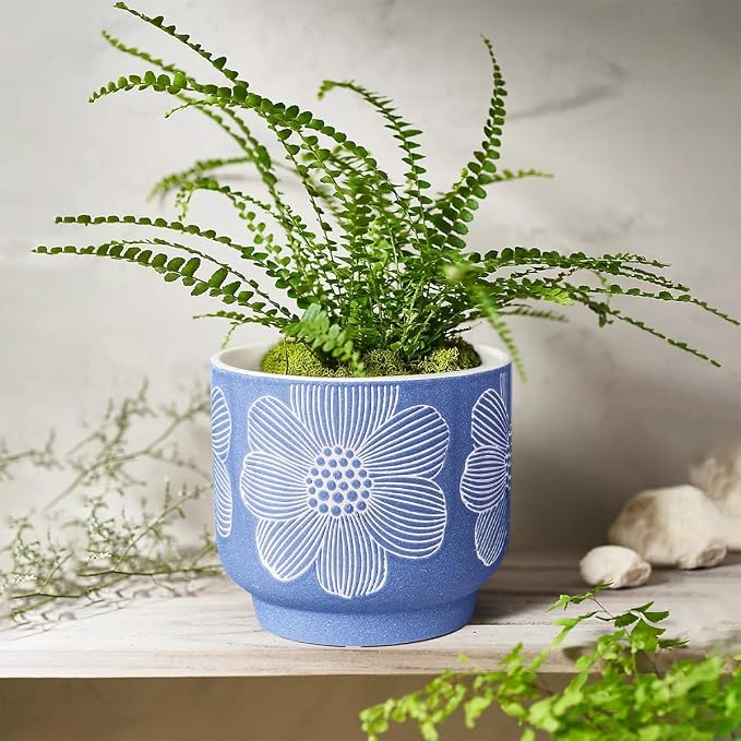 YBX 8 Inch + 6 Inch White Flower Pattern Plant Pots, Sand Glazed Ceramic Planter - Image 2
