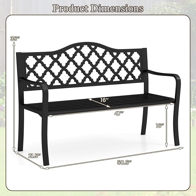 Tangkula 50.5” Metal Outdoor Park Bench, Slatted Patio Garden Bench - Image 3