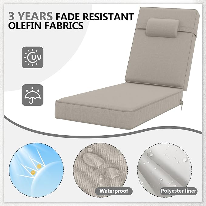 72 x 21 x 4 Inch Olefin Chaise Lounge Cushions, Lounge Chair Cushions - Image 3
