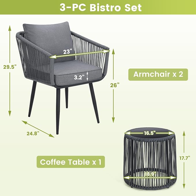 Kromax 3 Pieces Patio Rattan Bistro Conversation Set, Outdoor All-Weather - Image 5