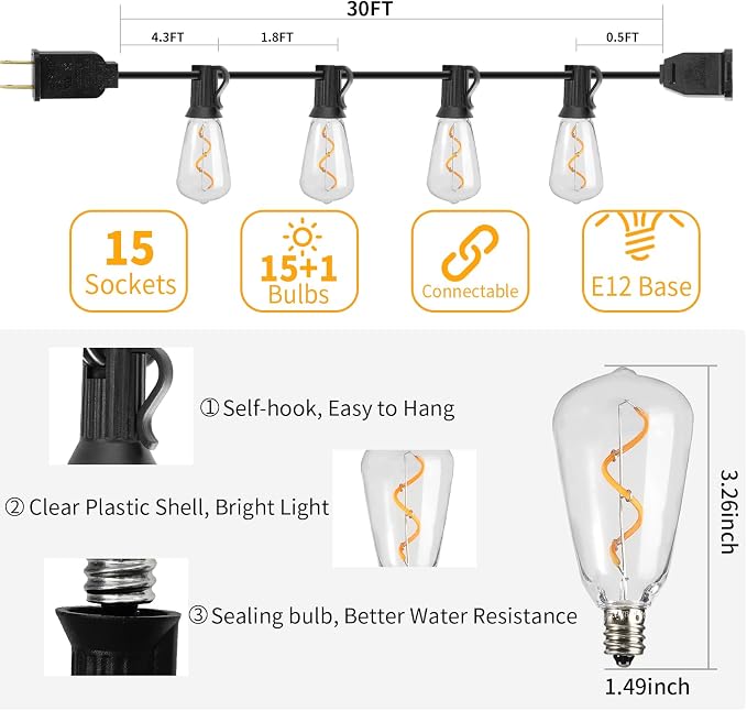 30FT LED Outdoor String Lights Waterproof, 2200K ST38 LED Globe Outdoor Lights - Image 5