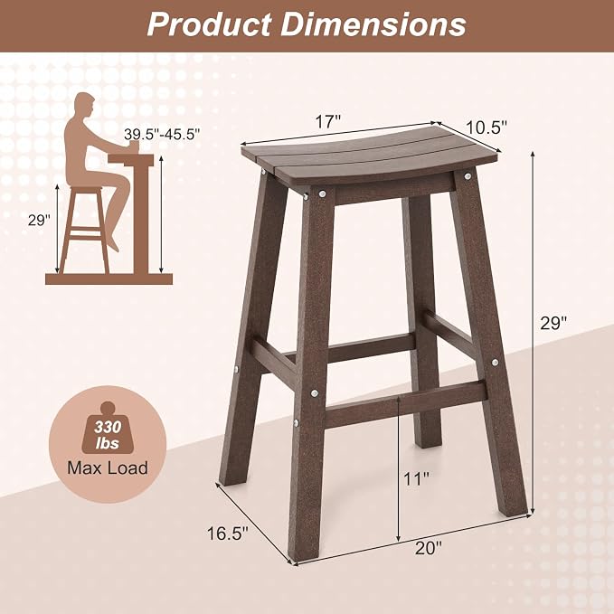 Tangkula Patio Bar Stools Set of 2, 29 Inch HDPE Bar Height Armless Saddle - Image 3