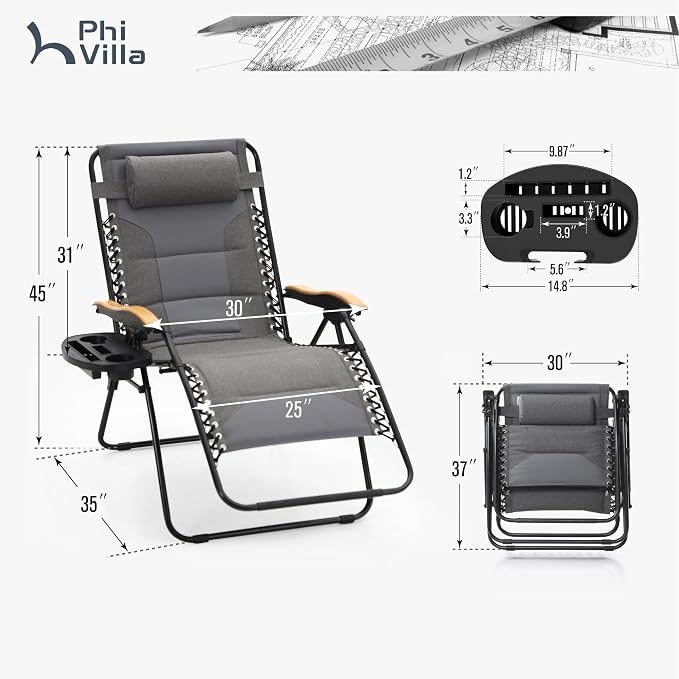 PHI VILLA XXL Oversized Padded Zero Gravity Chair, Foldable Patio Recliner - Image 3