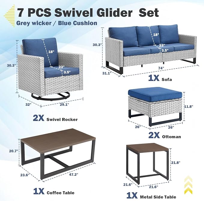 Belord 7 Piece Outdoor Furniture Patio Wicker Sofa Set, Oversize Outdoor Swivel - Image 2