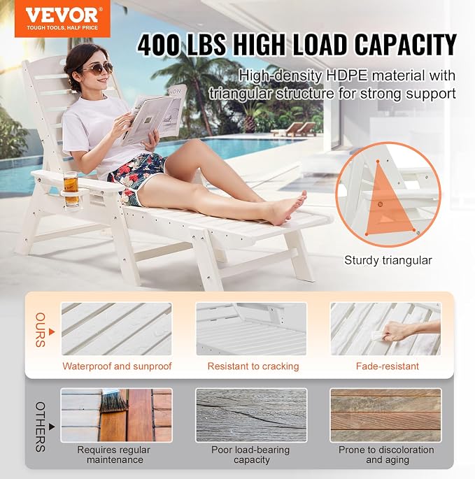 VEVOR Chaise Lounge Chair, 400 lbs Weight Capacity, 6 Positions Adjustable - Image 4