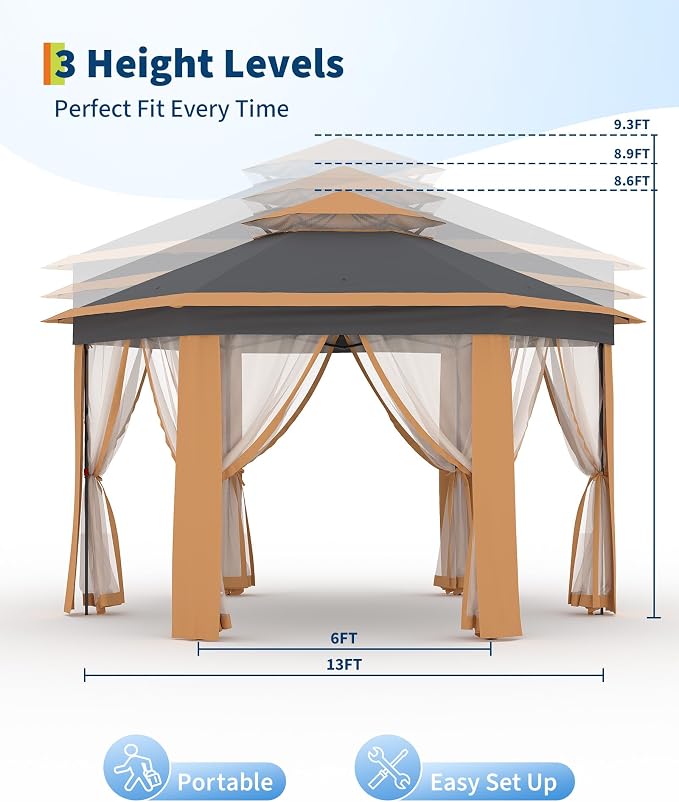 13'x13' Pop-Up Gazebo, Outdoor Hexagonal Patio Gazebo - Image 3
