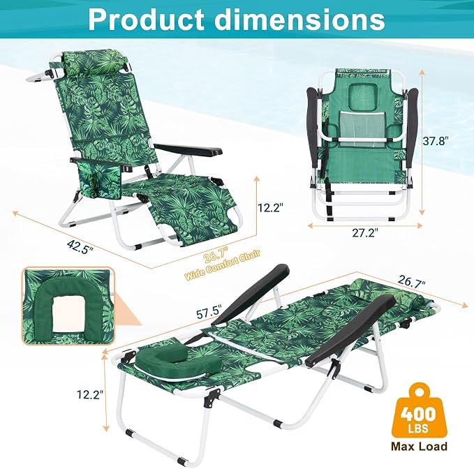 MOPHOTO Oversized Beach Lounge Chair, 5-Position Adjustable Tanning Chair - Image 3