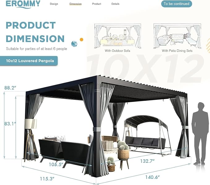 EROMMY Louvered Pergola 10' x 12', Outdoor Aluminum Pergola - Image 6