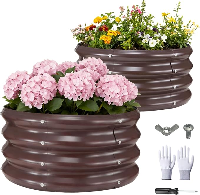 GOOZOO 2PC Galvanized Planter Raised Garden Beds, Round Metal Land Planter Box by GOOZOO