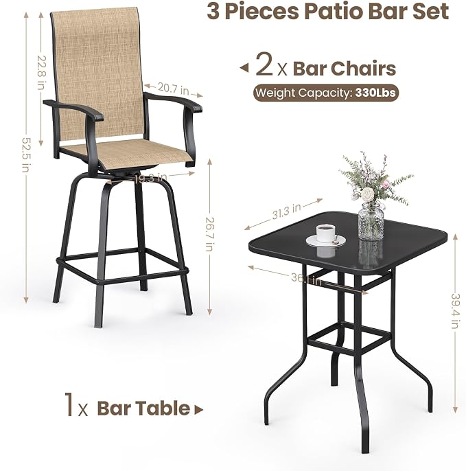 3-Piece Patio Bar Set with Textilene Swivel Bar Stools, All-Weather Bar Height - Image 6