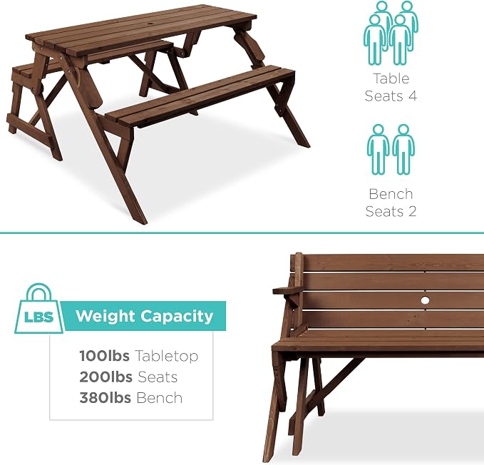 Best Choice Products 2-in-1 Transforming Interchangeable Outdoor Wooden Picnic - Image 7