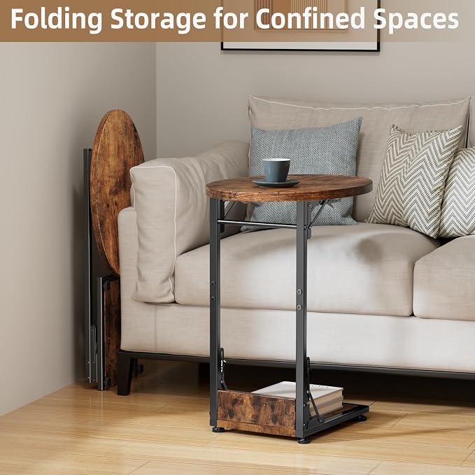 Elbourn Folding Side Table End Couch Tables, Metal Frame C-Shaped TV Stand - Image 7