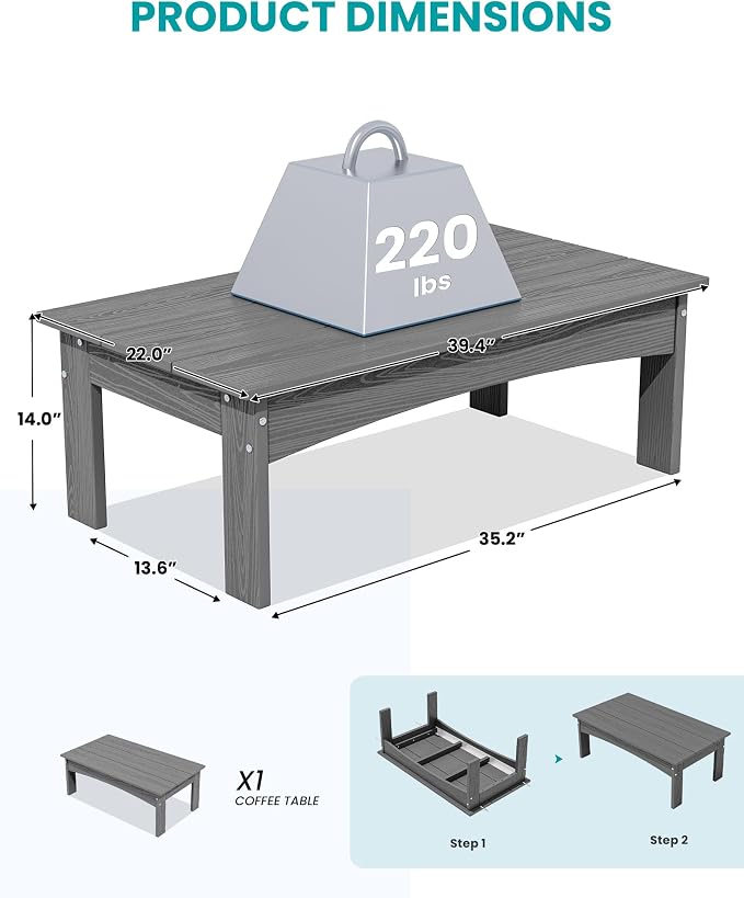SERWALL Outdoor Coffee Table, HDPE All-Weather Patio Table, Patio Furniture - Image 2
