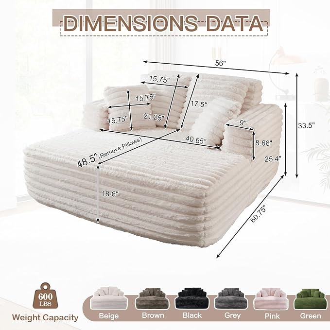 56" Oversized Chaise Lounge Chair Indoor, Plush Faux Fur Sleeper Sofa Couch Bed - Image 2