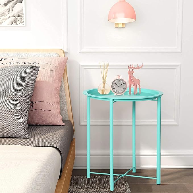 VECELO Side/End Table, Folding Round Metal Anti-Rust and Waterproof Outdoor or - Image 2