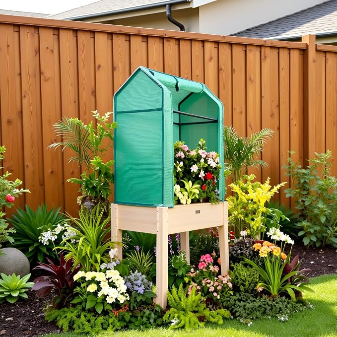 Raised Garden Bed with Greenhouse Cover, Elevated Wood Planter Box with Legs & - Image 8