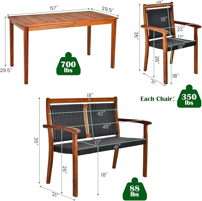 COSTWAY 4 Piece Patio Rattan Dining Furniture Set, Outdoor Acacia Wood Frame - Image 2