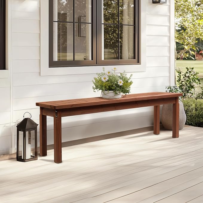 VINGLI Outdoor Wooden Bench, 62” Porch Bench Outdoor Backless Garden Bench - Image 7